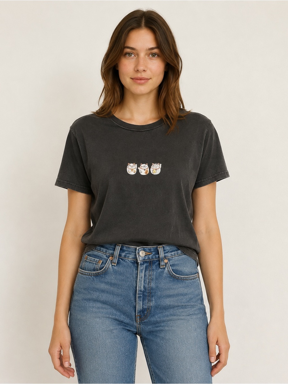 Urban Nation Womens T Shirt Good Luck Lucky Cats Graphic Tee Short Sleeve